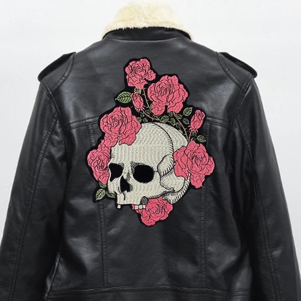 Skull with flowers patch for bikers, motoclub jacket, Large patch, Back patch