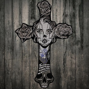Skull with roses cross back patch for bikers, motoclub jacket, Large patch