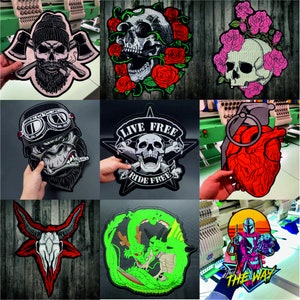 Pode incluir: Uma coleção de dez patches bordados para passar a ferro com vários designs, incluindo caveiras, um gorila, um dragão, um coração e um robot. Os patches são todos coloridos e detalhados, e seriam perfeitos para adicionar um toque único à roupa, às malas ou a outros acessórios.