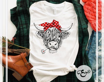 Hairy Cow with Red Bow Screen Print Transfer (Low Heat Formula) // Ready To Press