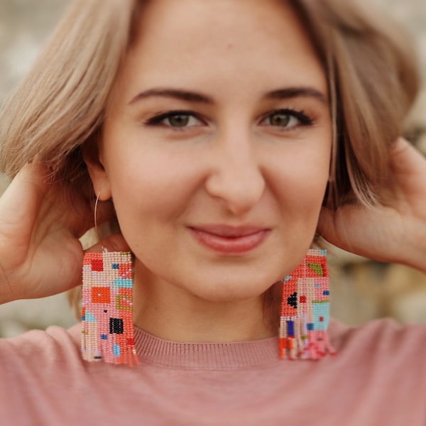 Pink statement earrings.Wearable art.Abstract art earrings.Long beaded Fringe earrings. vibrant geometry.large earring. jewelry gift for her