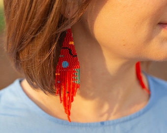 Red Statement earrings, Long beaded fringe earrings, Seed beads, beadwork Bohemian earrings, Geometry astract, Dangle earrings, gift for her