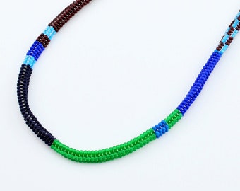 Long beadwork necklace. Brown blue green necklace. Statement necklace. Art colorful necklace. Crochet rope necklace