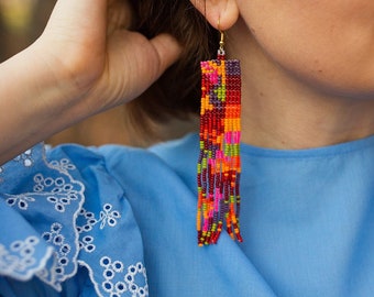 Artisan Statement earrings in Autumn Fall palette. Beaded Fringe Earrings, Long Seed Bead Earrings, Boho Beaded Earrings, Bohemian Earrings