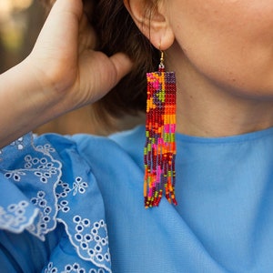 Artisan Statement earrings in Autumn Fall palette. Beaded Fringe Earrings, Long Seed Bead Earrings, Boho Beaded Earrings, Bohemian Earrings