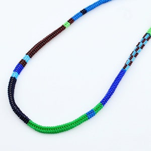 Long beadwork necklace. Brown blue green necklace. Statement necklace. Art colorful necklace. Crochet rope necklace image 1