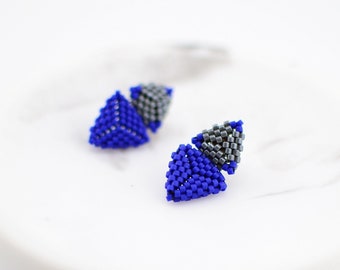 Statement triangle stud earrings. Colorblock navy blue gray beadwork earrings. Artisan geometry earrings. Miyuki Delica earrings. Gift ideas