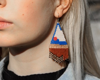Blue brown Beaded Fringe Earrings, Sunset Earrings, Boho Beaded Earrings, Bohemian Earrings, Asymmetric dangle earrings,handmade art jewelry