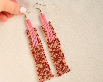 Seed Beads Fringe earrings. Long dangle earrings. Statement hand made earrings. Brown pink earrings