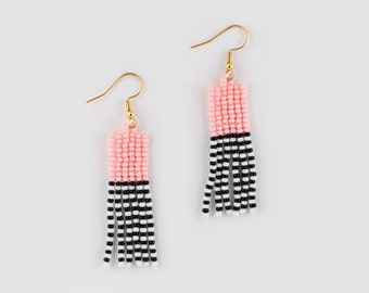 BABY PINK Color block earrings. Beaded earrings. Tiny Fringe earrings. Black and white earrings. Sailor Striped earrings