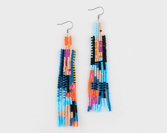 Long Beaded Fringe earrings, Bohemian earrings, Seed Bead Earrings, Boho Beaded Earrings, Artisan dangle earrings, Christmas gift for her