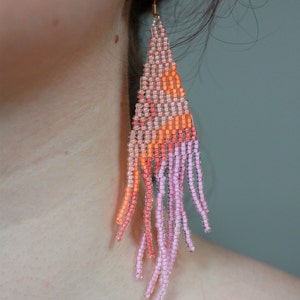 Long beaded fringe earrings, Statement pink earrings, Ombre Bohemian tassels, Funky neon earrings, Summer earrings, Mismatched artsy image 2