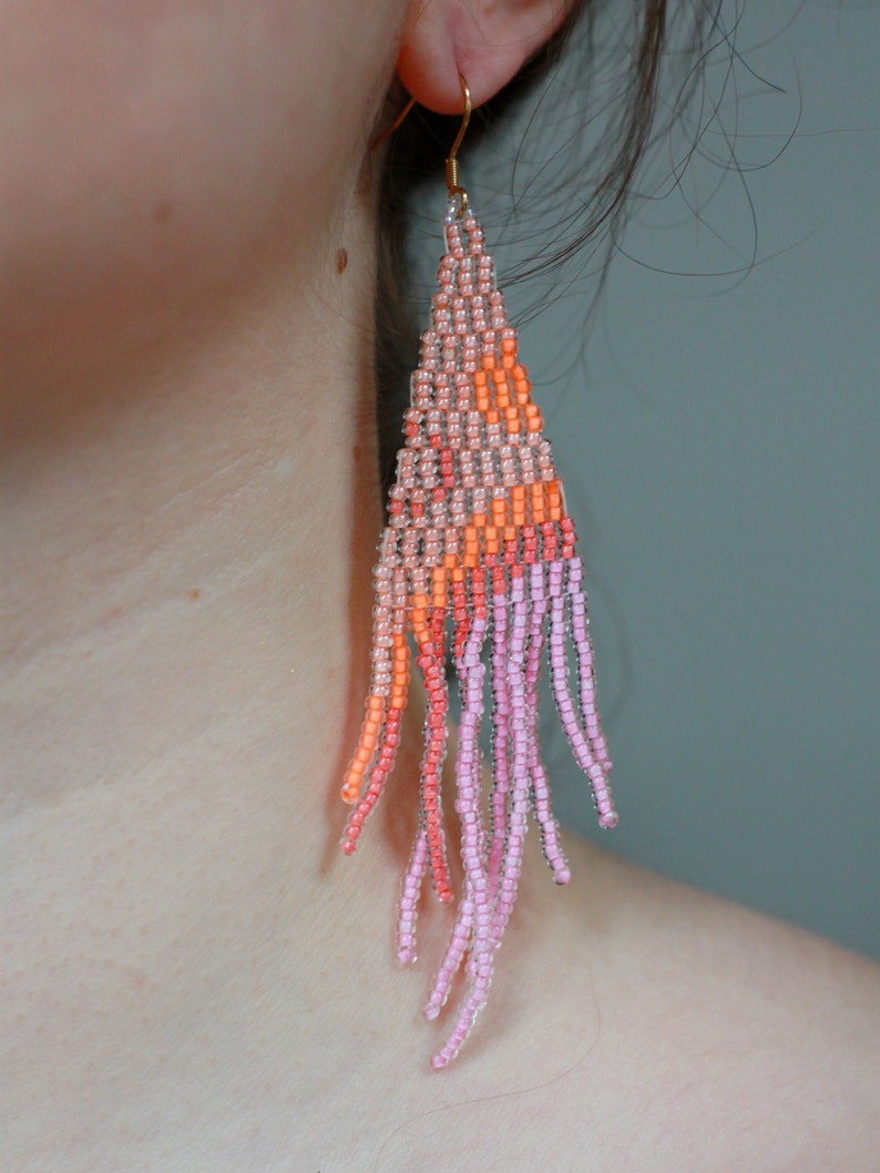 Long beaded fringe earrings, Statement pink earrings, Ombre Bohemian tassels, Funky neon earrings, Summer earrings, Mismatched artsy image 2