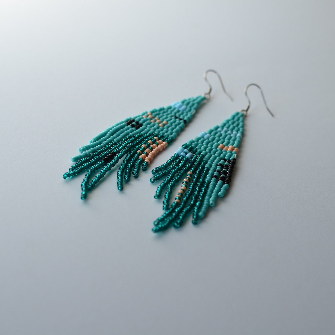 Long Bead Fringe Earrings Mint Teal Turquiose Bohemian Funky Etsy