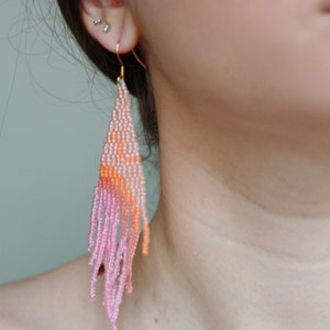 Long beaded fringe earrings, Statement pink earrings, Ombre Bohemian tassels, Funky neon earrings, Summer earrings, Mismatched artsy image 6