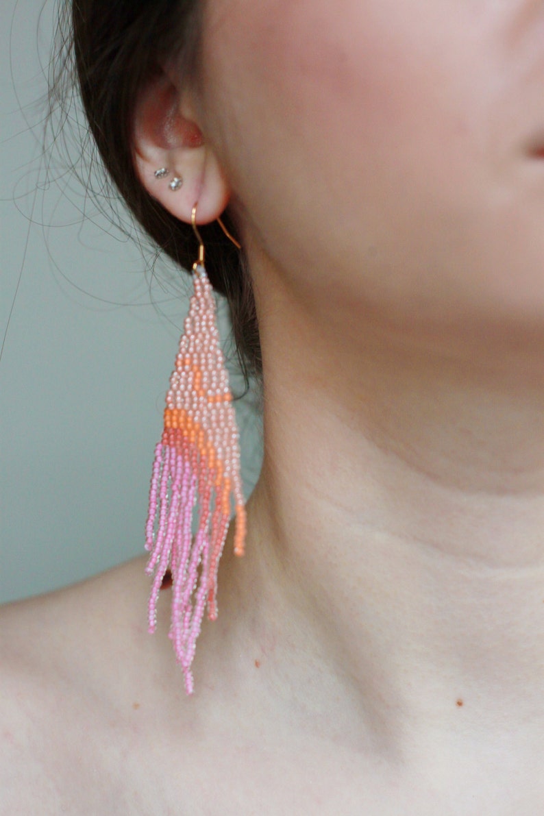 Long beaded fringe earrings, Statement pink earrings, Ombre Bohemian tassels, Funky neon earrings, Summer earrings, Mismatched artsy image 6