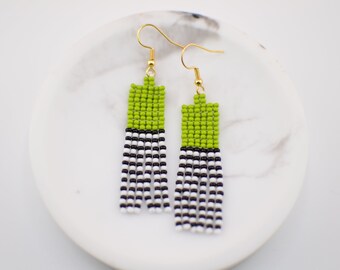 Olive green Color block earrings. Beaded earrings. Tiny Fringe earrings. Black and white earrings. Sailor Striped earrings