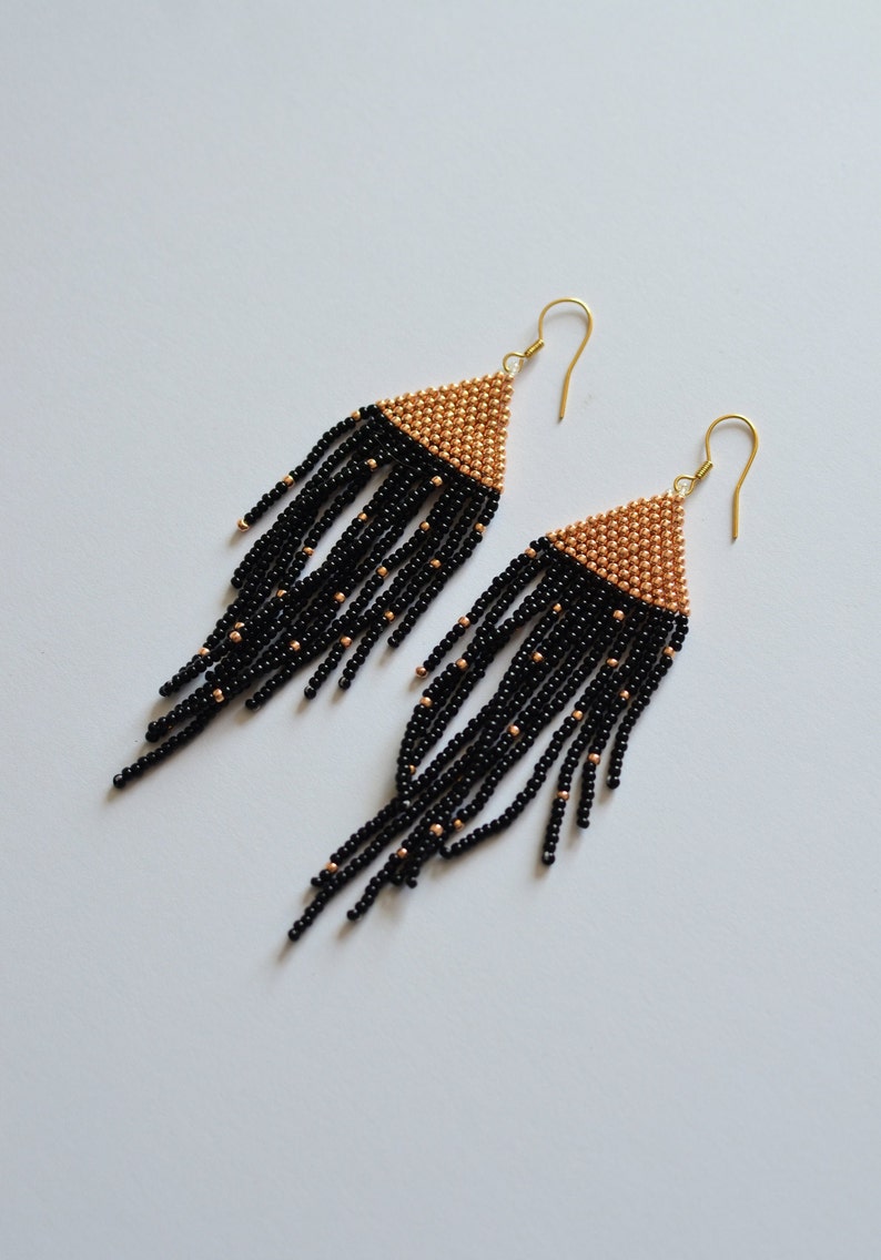 Golden black polka dot earrings Beaded Fringe earrings Bohemian wedding earrings Bridal earrings Boho chic jewelry long seed bead earrings