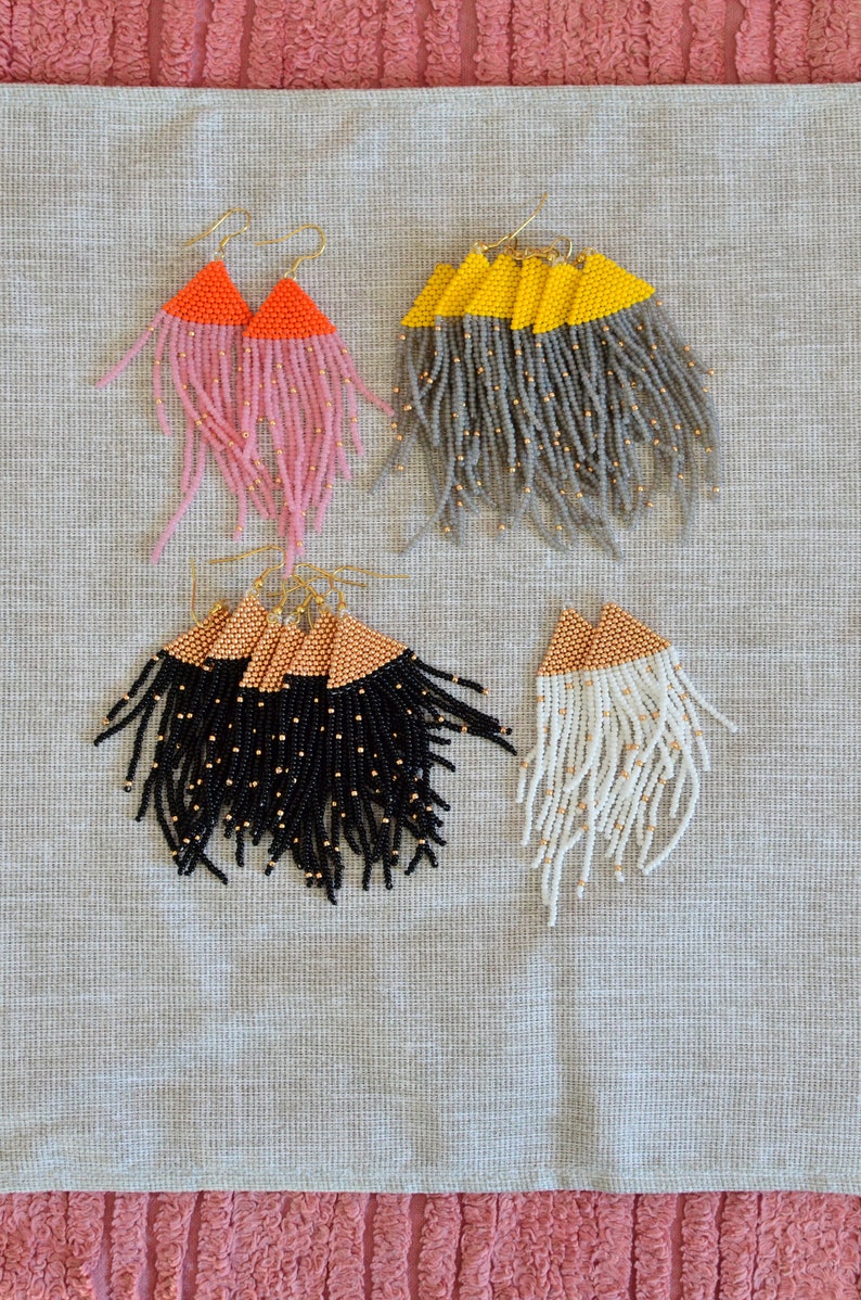 Golden black polka dot earrings Beaded Fringe earrings Bohemian wedding earrings Bridal earrings Boho chic jewelry long seed bead earrings