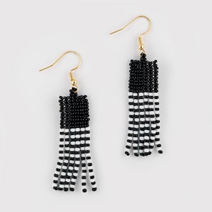 BLACK Color block earrings. Beaded earrings. Tiny Fringe earrings. Black and white earrings. Sailor Striped earrings image 1