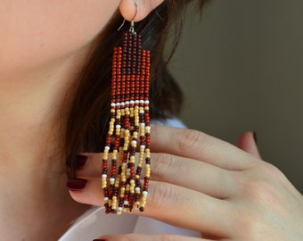 Bead fringe earrings/leopard animal print/Jaguar/seed bead earrings/long earrings/statement beadwork earrings/colorful/brown funky earrings