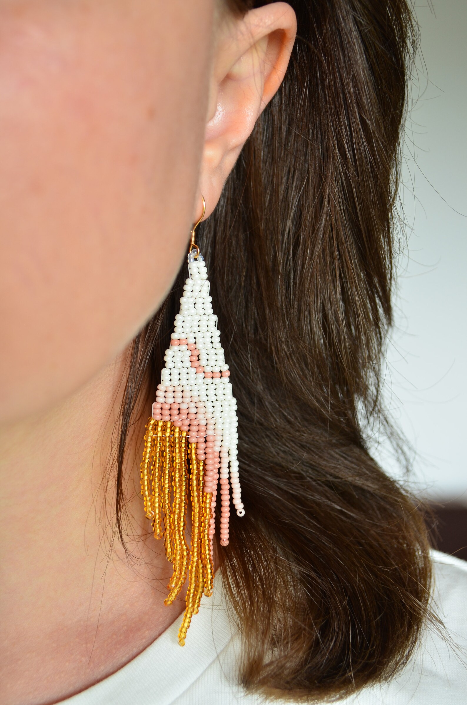Long Bead Fringe Earrings Ombre Ivory White Pink Topaz Honey Etsy