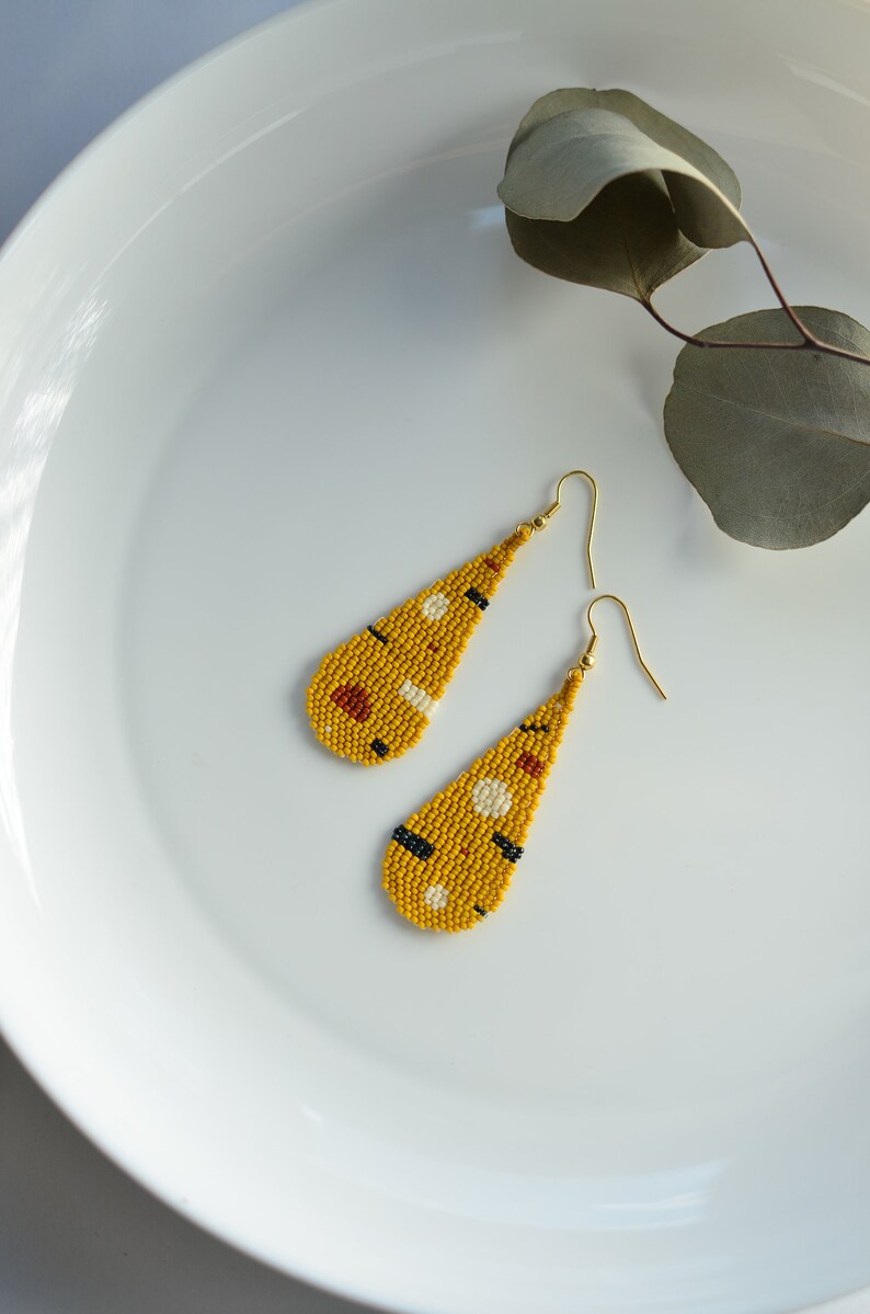 Yellow Mustard Teardrop Earrings Drop Seed Beaded Earrings Etsy