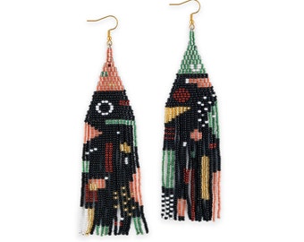 Long Bead Fringe earrings. Statement seed beads earrings. Black earrings. Artisan earrings. gift for her