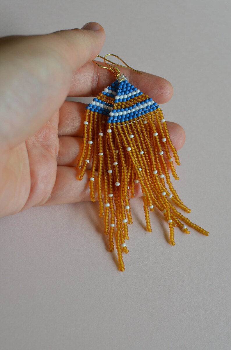 Blue golden mustard yellow Polka dot Bead Fringe earrings Etsy