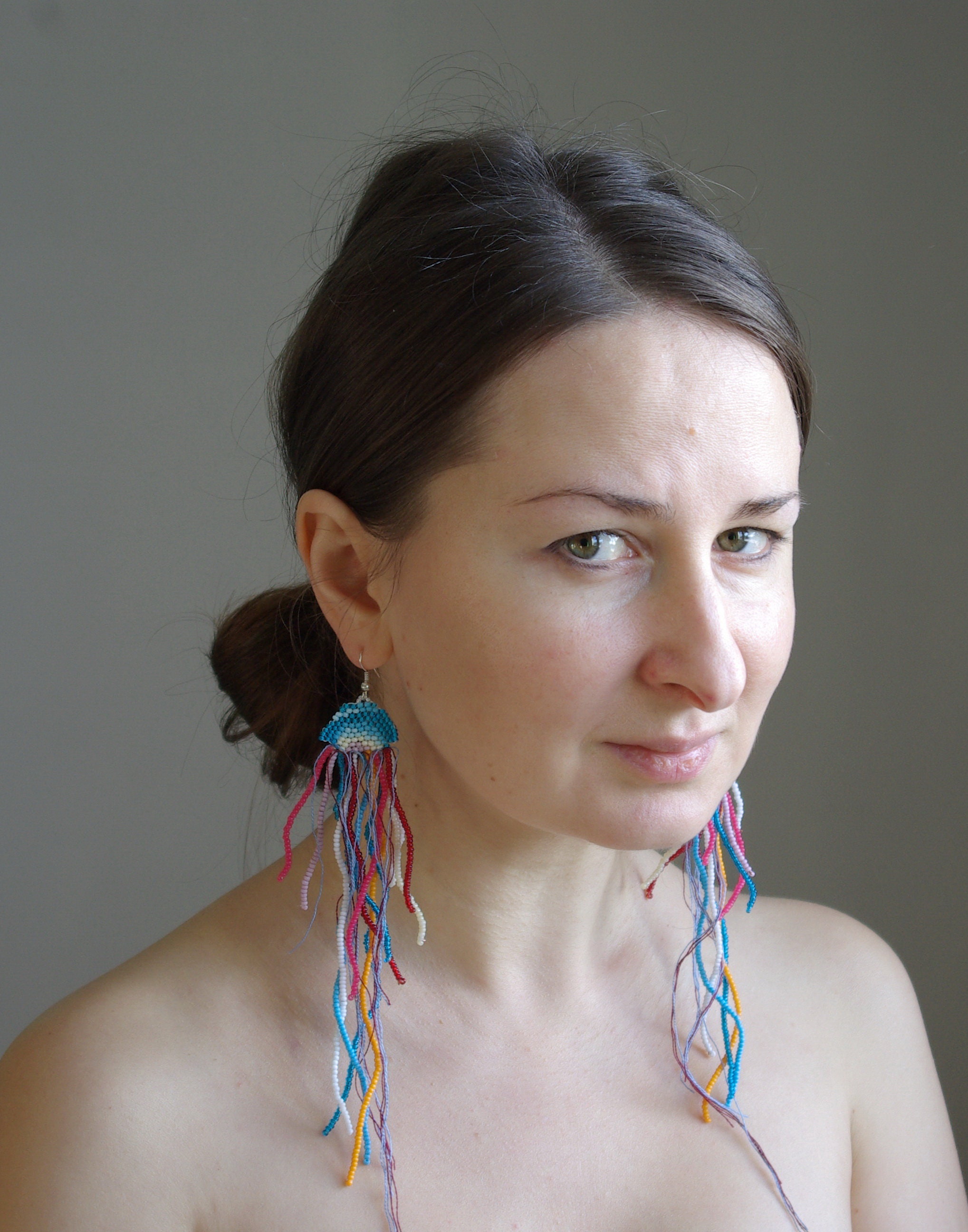 Jellyfish earrings. Beaded fringe earrings. Art earrings. Seed Etsy