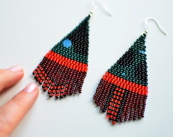 Statement Beaded Fringe Earrings. Long Seed bead earrings. Sunset Sunrise  earrings