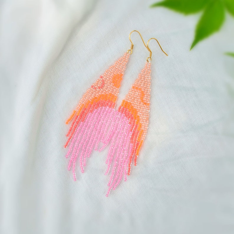 Long beaded fringe earrings, Statement pink earrings, Ombre Bohemian tassels, Funky neon earrings, Summer earrings, Mismatched artsy image 1