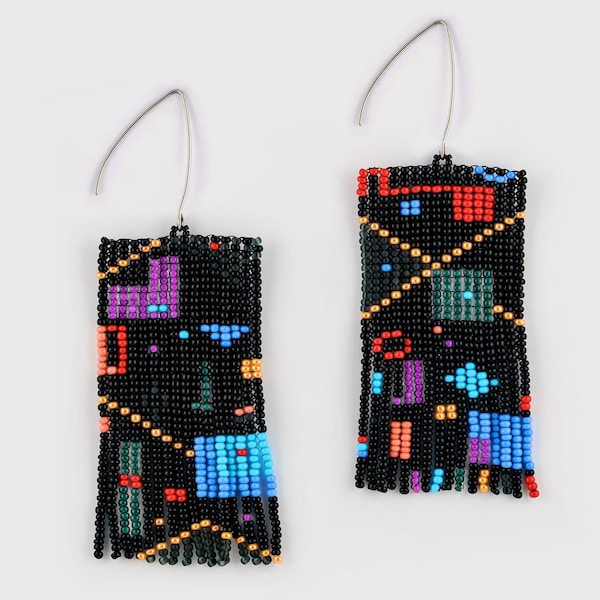 Black large statement earrings. Abstract geometry art earrings.Long beaded Fringe earrings/vibrant artisan jewelry/ gift for her/pixel