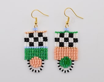 Colorful art earrings, black and white green geometry earrings, Statement earrings, modern earrings,mismatched earrings, beaded fringe