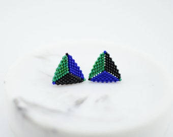 Dark green blue colorblock earrings. Triangle stud earrings. Beaded statement earrings. Seed bead earrings. Handmade gift for her