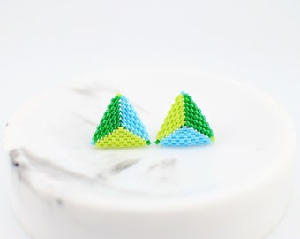 Spring green blue colorblock earrings. Triangle stud earrings. Beaded statement earrings. Seed bead earrings. Handmade gift for her