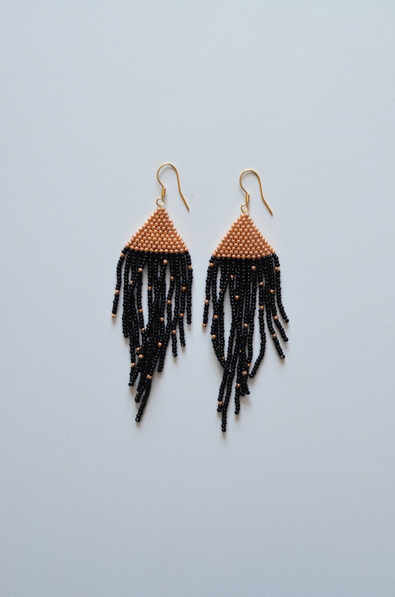 Golden black polka dot earrings Beaded Fringe earrings Bohemian wedding earrings Bridal earrings Boho chic jewelry long seed bead earrings
