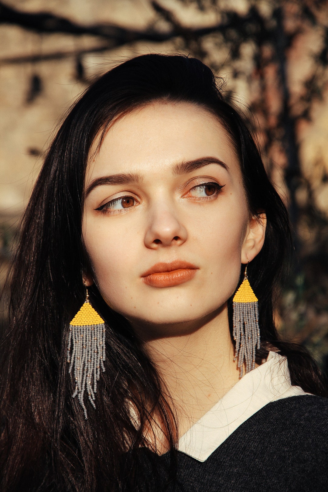 Beaded Fringe Earrings Colorblock Lemon Yellow Gray Polka Dot - Etsy