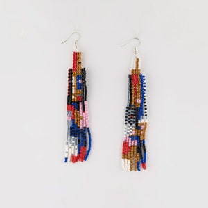 Blue red gold mustard Beaded Fringe earrings, Seed Bead Earrings, Boho Beaded Earrings, Large Statement Earrings, Bohemian wedding,Boho chic