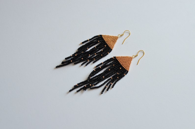 Golden black polka dot earrings Beaded Fringe earrings Bohemian wedding earrings Bridal earrings Boho chic jewelry long seed bead earrings