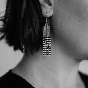 BLACK Color block earrings. Beaded earrings. Tiny Fringe earrings. Black and white earrings. Sailor Striped earrings image 3