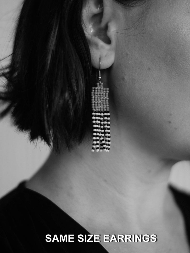 BLACK Color block earrings. Beaded earrings. Tiny Fringe earrings. Black and white earrings. Sailor Striped earrings image 3