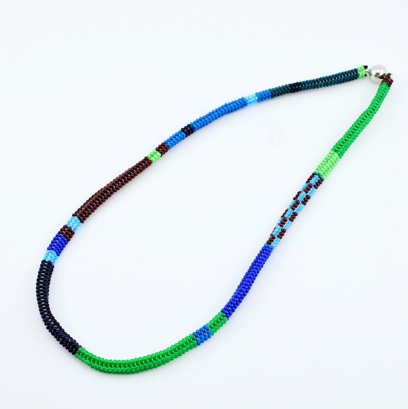 Long beadwork necklace. Brown blue green necklace. Statement necklace. Art colorful necklace. Crochet rope necklace image 1