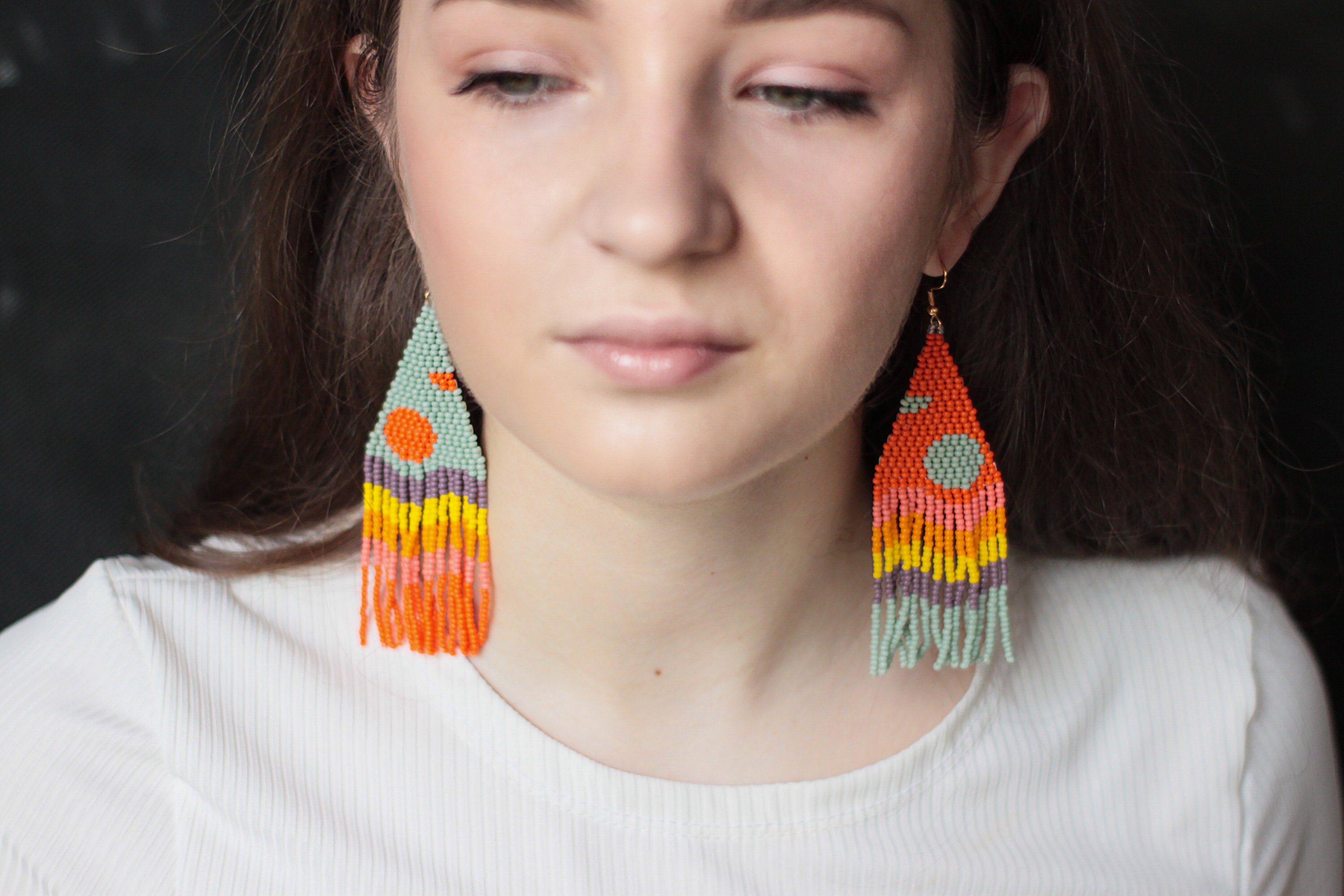 Rainbow Earrings Long Beaded Earrings Bead Fringe Earrings Etsy