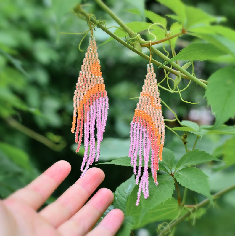 Long beaded fringe earrings, Statement pink earrings, Ombre Bohemian tassels, Funky neon earrings, Summer earrings, Mismatched artsy image 3