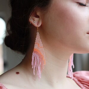 Long beaded fringe earrings, Statement pink earrings, Ombre Bohemian tassels, Funky neon earrings, Summer earrings, Mismatched artsy image 4