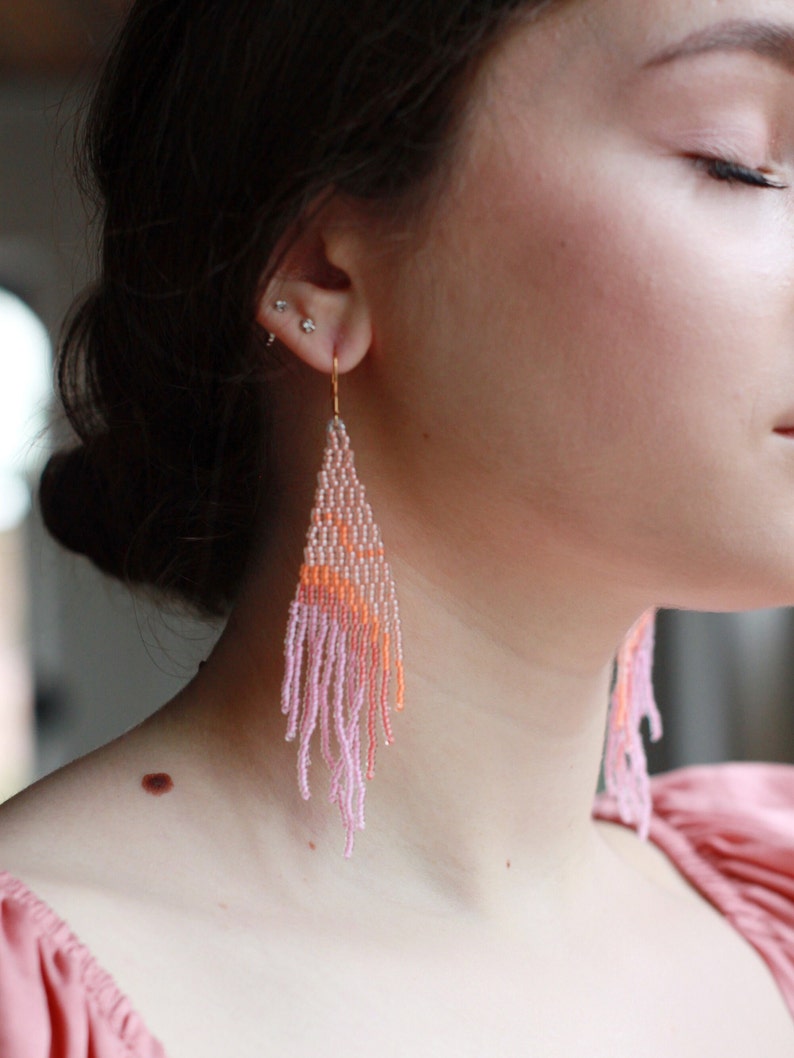 Long beaded fringe earrings, Statement pink earrings, Ombre Bohemian tassels, Funky neon earrings, Summer earrings, Mismatched artsy image 4