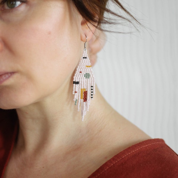 Beige grayish pastel Beaded Earrings/Fringe earrings/tassel/beadwork/casual/tribal/matte/mismatched abstract nude/ethnic style/nature colors