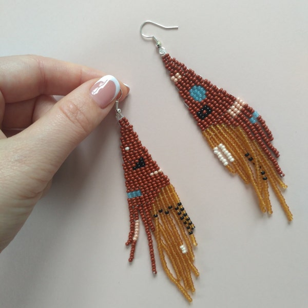 FREE SHIPPING/Long Beaded Earrings/wearable art/normcore/Fringe earrings/Bead tassel/beadwork/triangle/casual/tribal/matte/brown