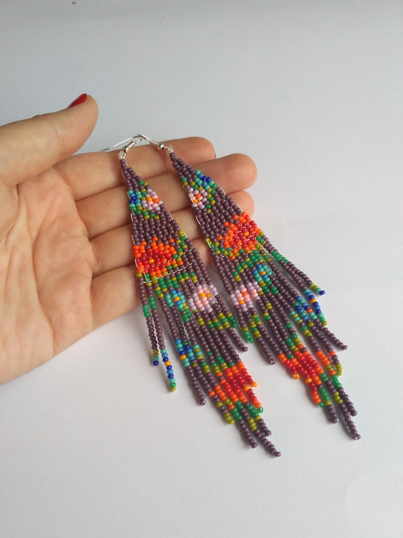 Floral beaded earrings Fringe earrings Flower earrings Woven Etsy